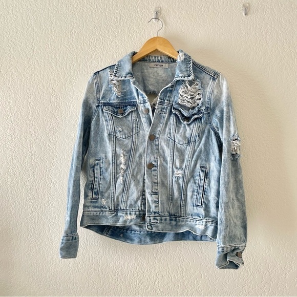 Refuge Light Wash Distressed Denim Jacket with Holes - Picture 1 of 4